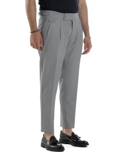 Pantaloni Uomo Classico Con Pinces Vita Alta Gurkha Pants Abbottonatura Allungata Fibbie Viscosa Estivo Casual Grigio GIOSAL-P6271A