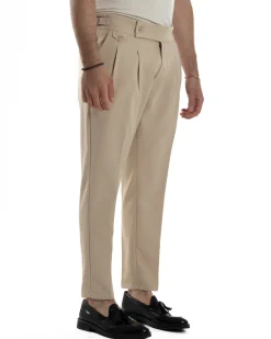 Pantaloni Uomo Classico Con Pinces Vita Alta Gurkha Pants Abbottonatura Allungata Fibbie Viscosa Estivo Casual Beige GIOSAL-P6270A