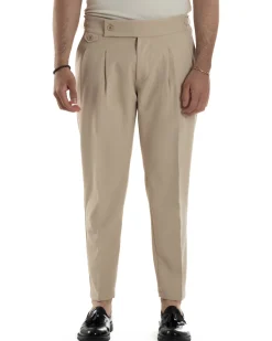 Pantaloni Uomo Classico Con Pinces Vita Alta Gurkha Pants Abbottonatura Allungata Fibbie Viscosa Estivo Casual Beige GIOSAL-P6270A
