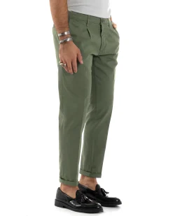 Pantaloni Uomo Cotone Chino Tasca America Capri Basic Sartoriale Slim Fit Casual Verde Militare GIOSAL-P6262A
