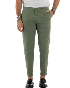 Pantaloni Uomo Cotone Chino Tasca America Capri Basic Sartoriale Slim Fit Casual Verde Militare GIOSAL-P6262A