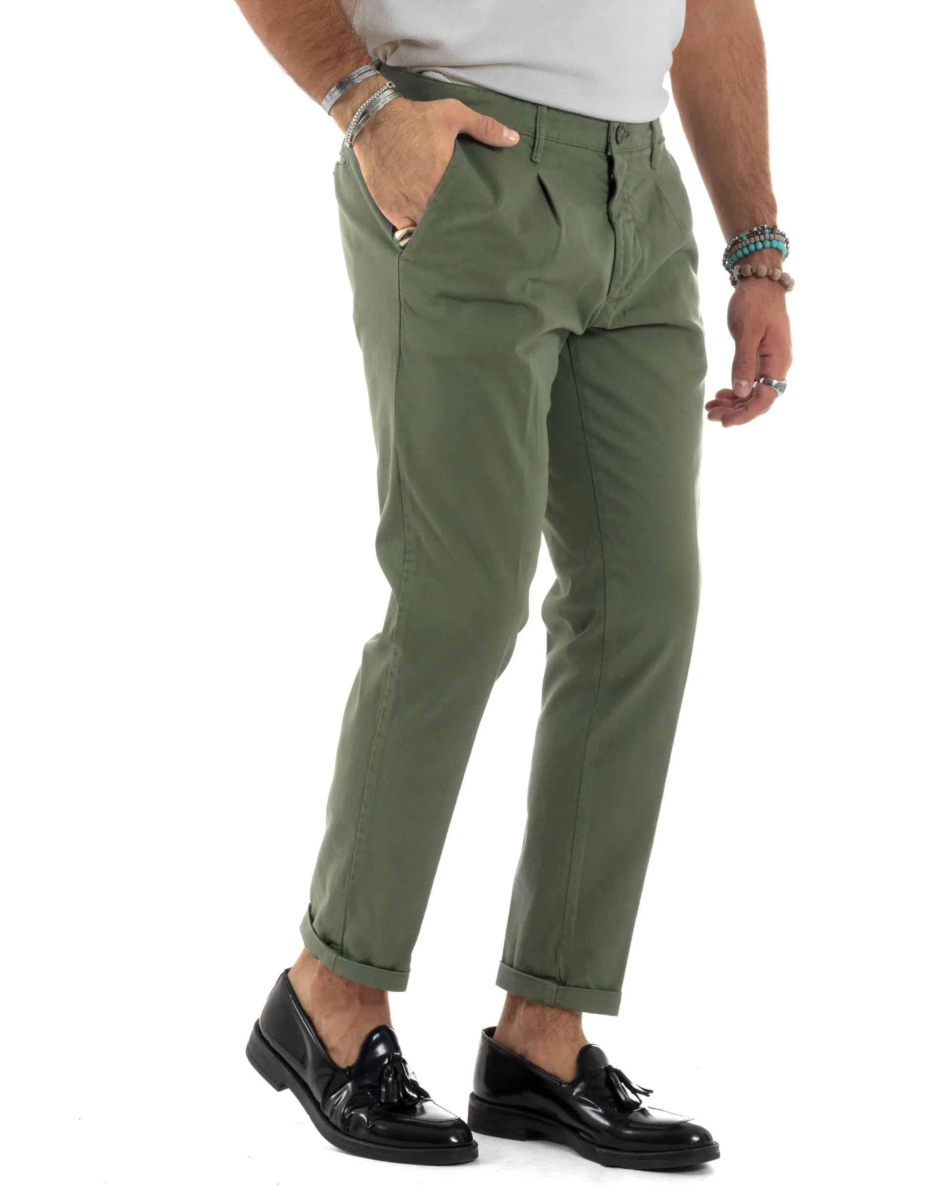 Pantaloni Uomo Cotone Chino Tasca America Capri Basic Sartoriale Slim Fit Casual Verde Militare GIOSAL-P6262A