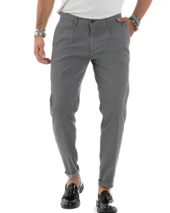 Pantaloni Uomo Cotone Chino Tasca America Capri Basic Sartoriale Slim Fit Casual Grigio Scuro GIOSAL-P6311A