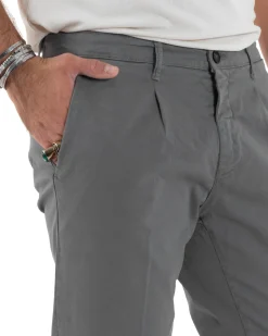 Pantaloni Uomo Cotone Chino Tasca America Capri Basic Sartoriale Slim Fit Casual Grigio Scuro GIOSAL-P6311A