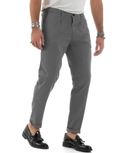 Pantaloni Uomo Cotone Chino Tasca America Capri Basic Sartoriale Slim Fit Casual Grigio Scuro GIOSAL-P6311A