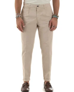 Pantaloni Uomo Cotone Chino Tasca America Capri Basic Sartoriale Slim Fit Casual Beige GIOSAL-P6307A