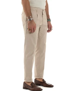 Pantaloni Uomo Cotone Chino Tasca America Capri Basic Sartoriale Slim Fit Casual Beige GIOSAL-P6307A