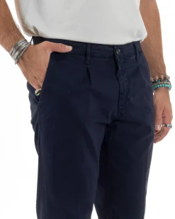 Pantaloni Uomo Cotone Chino Tasca America Capri Basic Sartoriale Slim Fit Casual Blu GIOSAL-P6308A