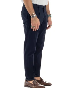 Pantaloni Uomo Cotone Chino Tasca America Capri Basic Sartoriale Slim Fit Casual Blu GIOSAL-P6308A