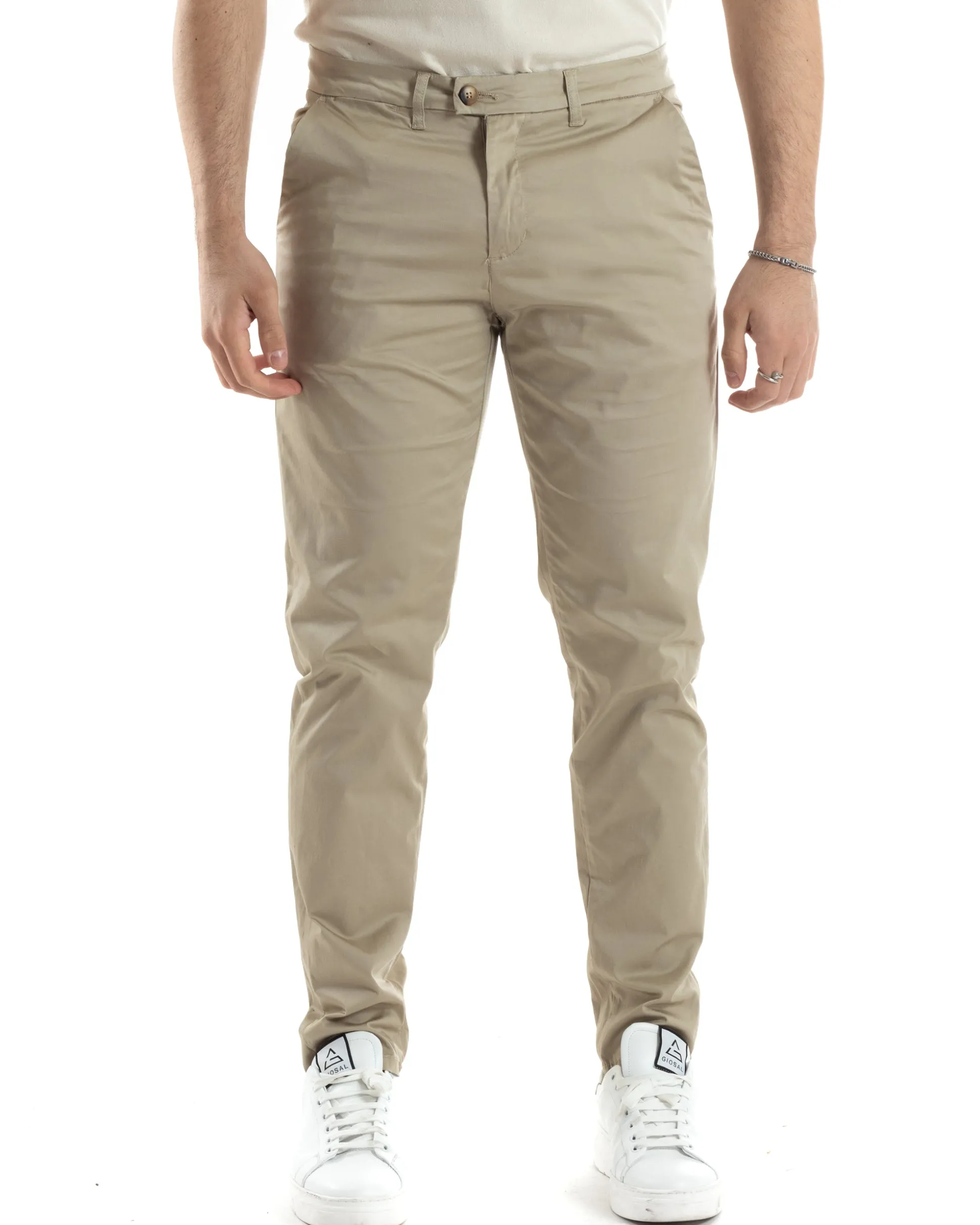 Pantaloni Uomo Cotone Raso Con Tasca America Slim Fit Con Abbottonatura Allungata Casual Tinta Unita Beige GIOSAL-P6060A