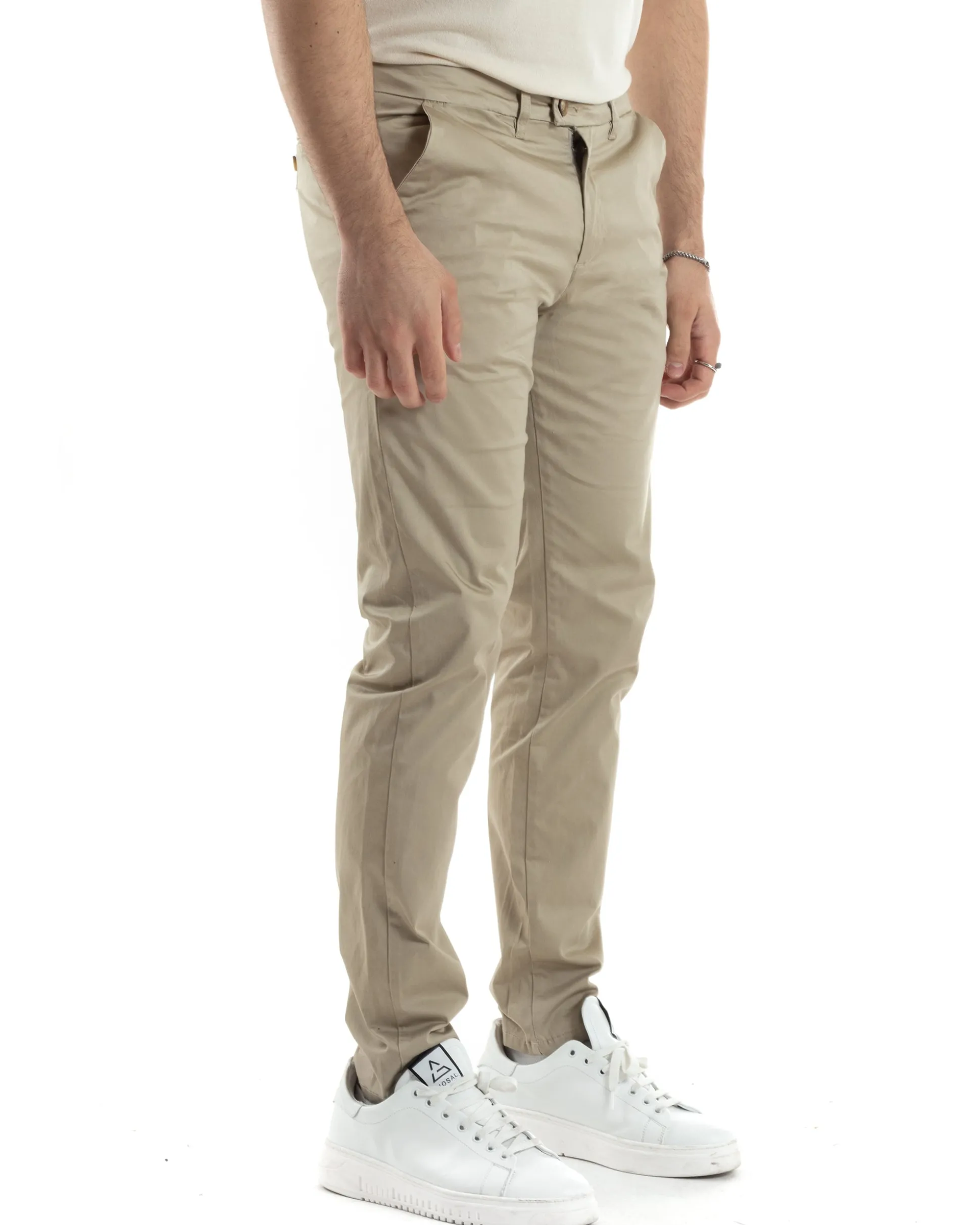 Pantaloni Uomo Cotone Raso Con Tasca America Slim Fit Con Abbottonatura Allungata Casual Tinta Unita Beige GIOSAL-P6060A