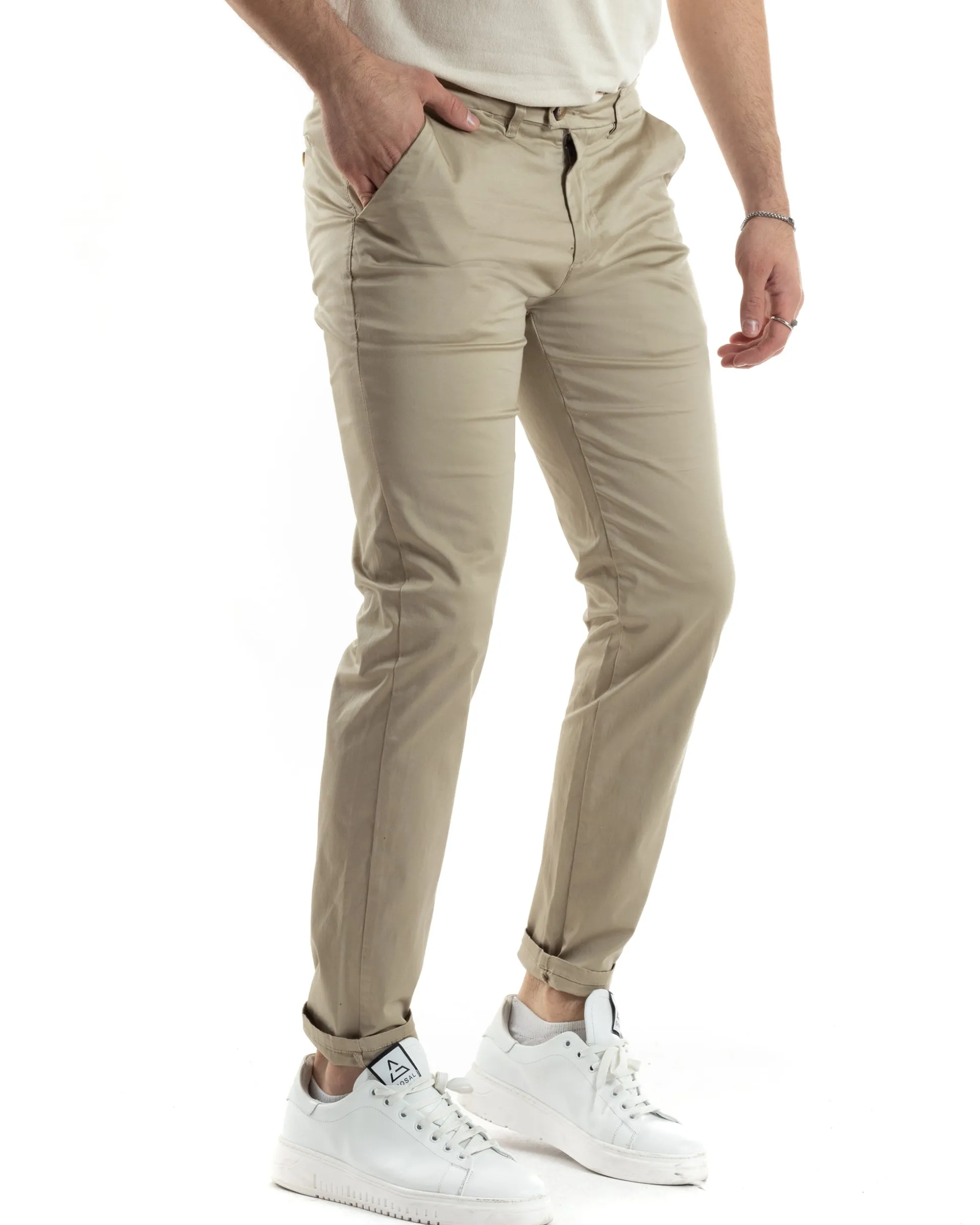 Pantaloni Uomo Cotone Raso Con Tasca America Slim Fit Con Abbottonatura Allungata Casual Tinta Unita Beige GIOSAL-P6060A