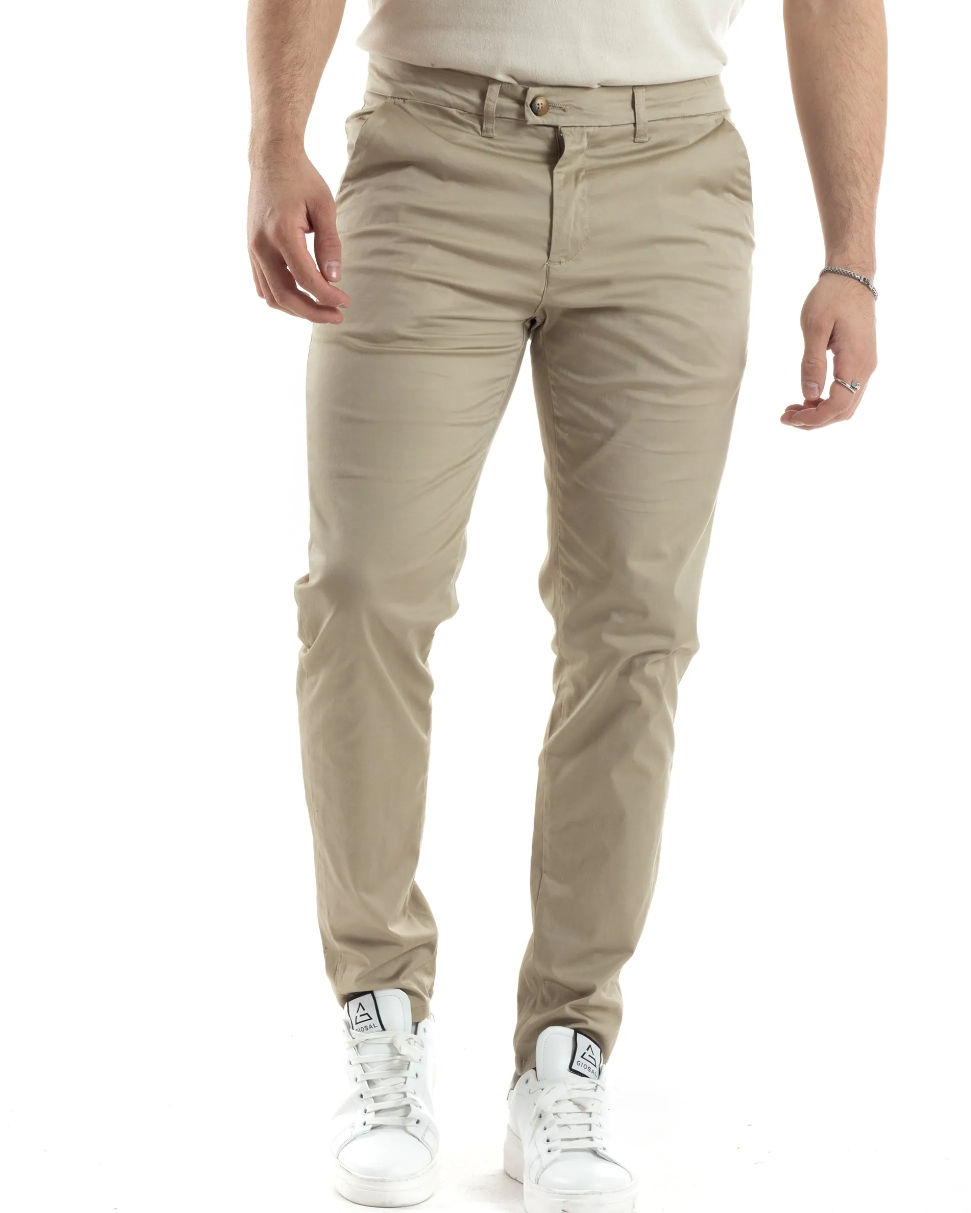 Pantaloni Uomo Cotone Raso Con Tasca America Slim Fit Con Abbottonatura Allungata Casual Tinta Unita Beige GIOSAL-P6060A