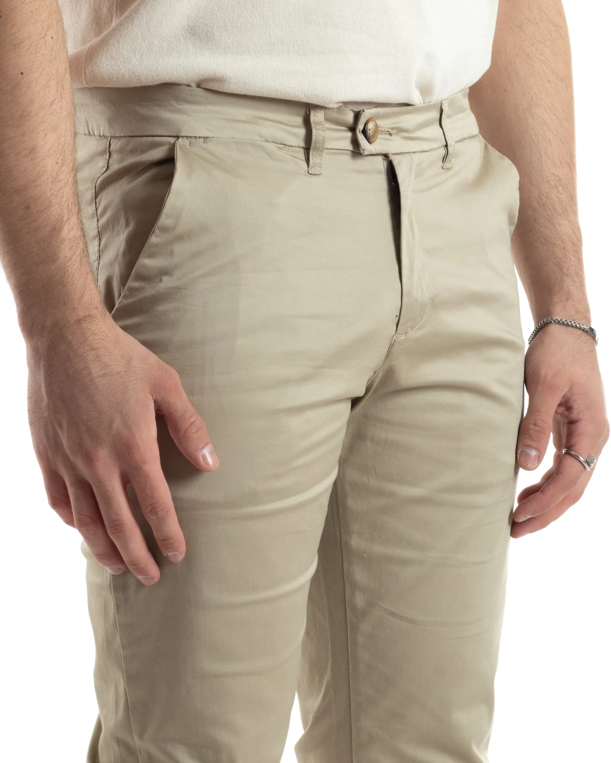 Pantaloni Uomo Cotone Raso Con Tasca America Slim Fit Con Abbottonatura Allungata Casual Tinta Unita Beige GIOSAL-P6060A