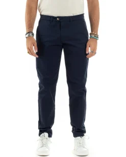 Pantaloni Uomo Cotone Raso Invernale Chinos Abbottonatura Allungata Tasca America Slim Fit Tinta Unita Blu GIOSAL-P6143A