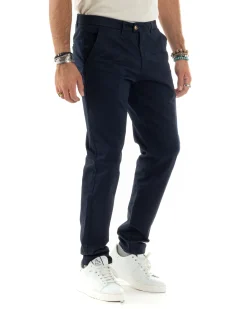 Pantaloni Uomo Cotone Raso Invernale Chinos Abbottonatura Allungata Tasca America Slim Fit Tinta Unita Blu GIOSAL-P6143A