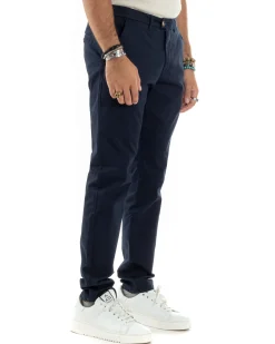 Pantaloni Uomo Cotone Raso Invernale Chinos Abbottonatura Allungata Tasca America Slim Fit Tinta Unita Blu GIOSAL-P6143A