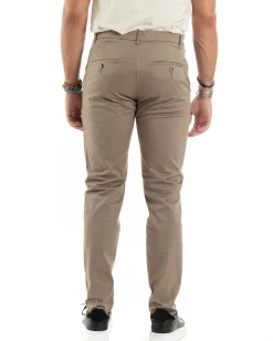 Pantaloni Uomo Cotone Raso Invernale Chinos Abbottonatura Allungata Tasca America Slim Fit Tinta Unita Beige GIOSAL-P6144A