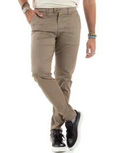 Pantaloni Uomo Cotone Raso Invernale Chinos Abbottonatura Allungata Tasca America Slim Fit Tinta Unita Beige GIOSAL-P6144A