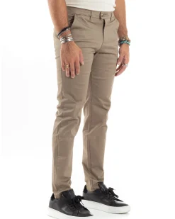 Pantaloni Uomo Cotone Raso Invernale Chinos Abbottonatura Allungata Tasca America Slim Fit Tinta Unita Beige GIOSAL-P6144A