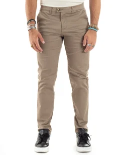 Pantaloni Uomo Cotone Raso Invernale Chinos Abbottonatura Allungata Tasca America Slim Fit Tinta Unita Beige GIOSAL-P6144A
