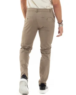 Pantaloni Uomo Cotone Raso Invernale Chinos Abbottonatura Allungata Tasca America Slim Fit Tinta Unita Beige GIOSAL-P6144A