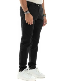 Pantaloni Uomo Cotone Raso Invernale Chinos Abbottonatura Allungata Tasca America Slim Fit Tinta Unita Nero GIOSAL-P6145A