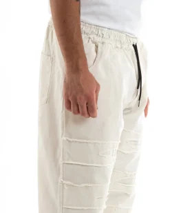 Pantaloni Uomo Denim Jogger Con Rotture Sfrangiato Pantalaccio Con Coulisse Ripped Casual Tinta Unita Panna GIOSAL-P5850A
