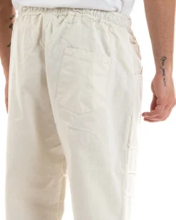 Pantaloni Uomo Denim Jogger Con Rotture Sfrangiato Pantalaccio Con Coulisse Ripped Casual Tinta Unita Panna GIOSAL-P5850A