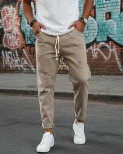 Pantaloni uomo jeans jogger cotone loose fit rotture beige GIOSAL-P3528A