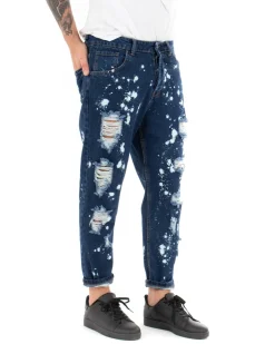 Pantaloni Uomo Jeans Loose Fit Con Rotture Sfrangiato E Macchie Pittura Classico Cinque Tasche Casual Denim Scuro GIOSAL-P5065A