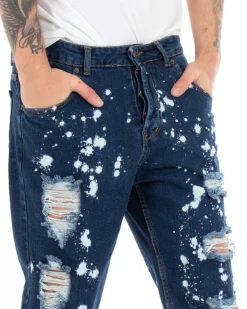 Pantaloni Uomo Jeans Loose Fit Con Rotture Sfrangiato E Macchie Pittura Classico Cinque Tasche Casual Denim Scuro GIOSAL-P5065A
