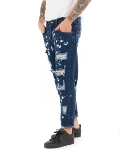 Pantaloni Uomo Jeans Loose Fit Con Rotture Sfrangiato E Macchie Pittura Classico Cinque Tasche Casual Denim Scuro GIOSAL-P5065A