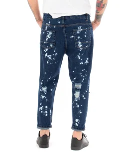 Pantaloni Uomo Jeans Loose Fit Con Rotture Sfrangiato E Macchie Pittura Classico Cinque Tasche Casual Denim Scuro GIOSAL-P5065A