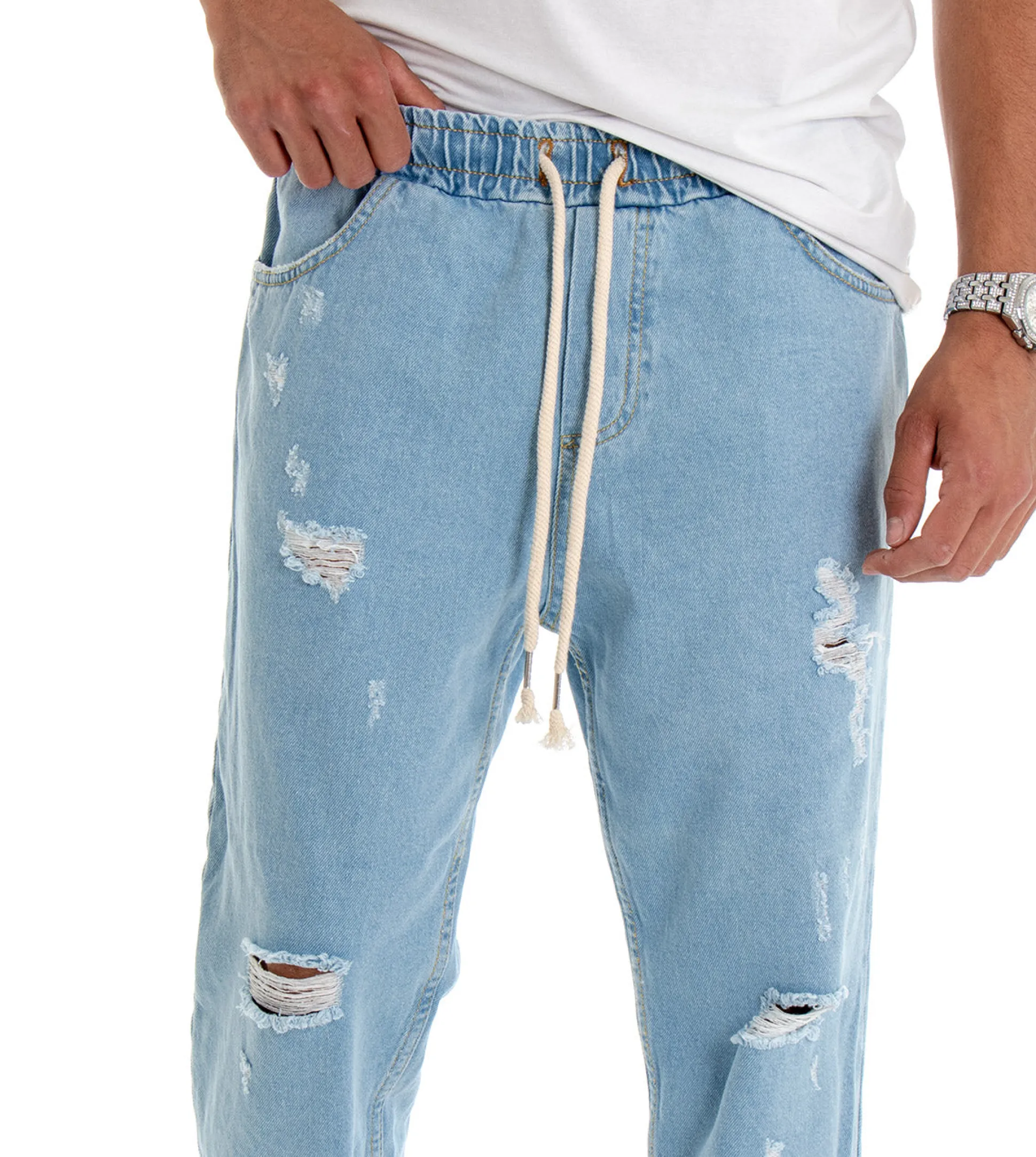 Pantaloni uomo jeans loose fit pantalaccio rotture denim chiaro GIOSAL-P3021A
