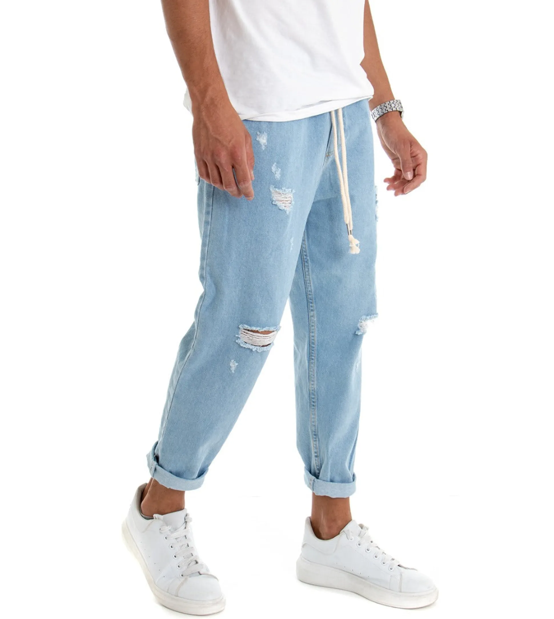Pantaloni uomo jeans loose fit pantalaccio rotture denim chiaro GIOSAL-P3021A