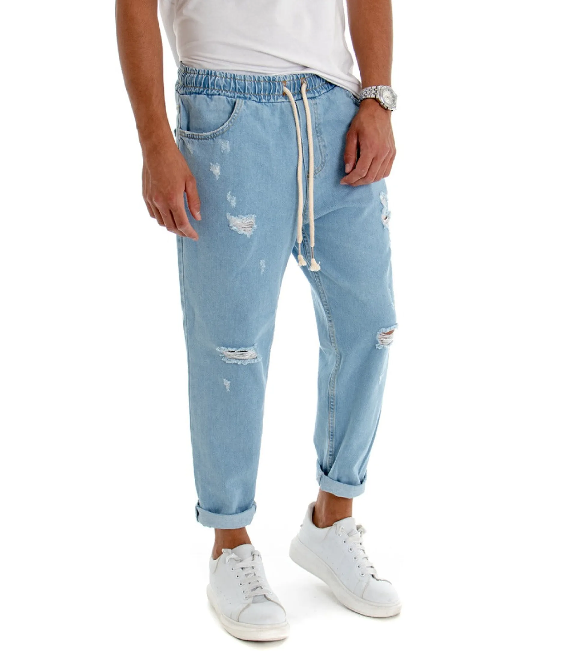 Pantaloni uomo jeans loose fit pantalaccio rotture denim chiaro GIOSAL-P3021A