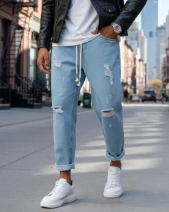 Pantaloni uomo jeans loose fit pantalaccio rotture denim chiaro GIOSAL-P3021A