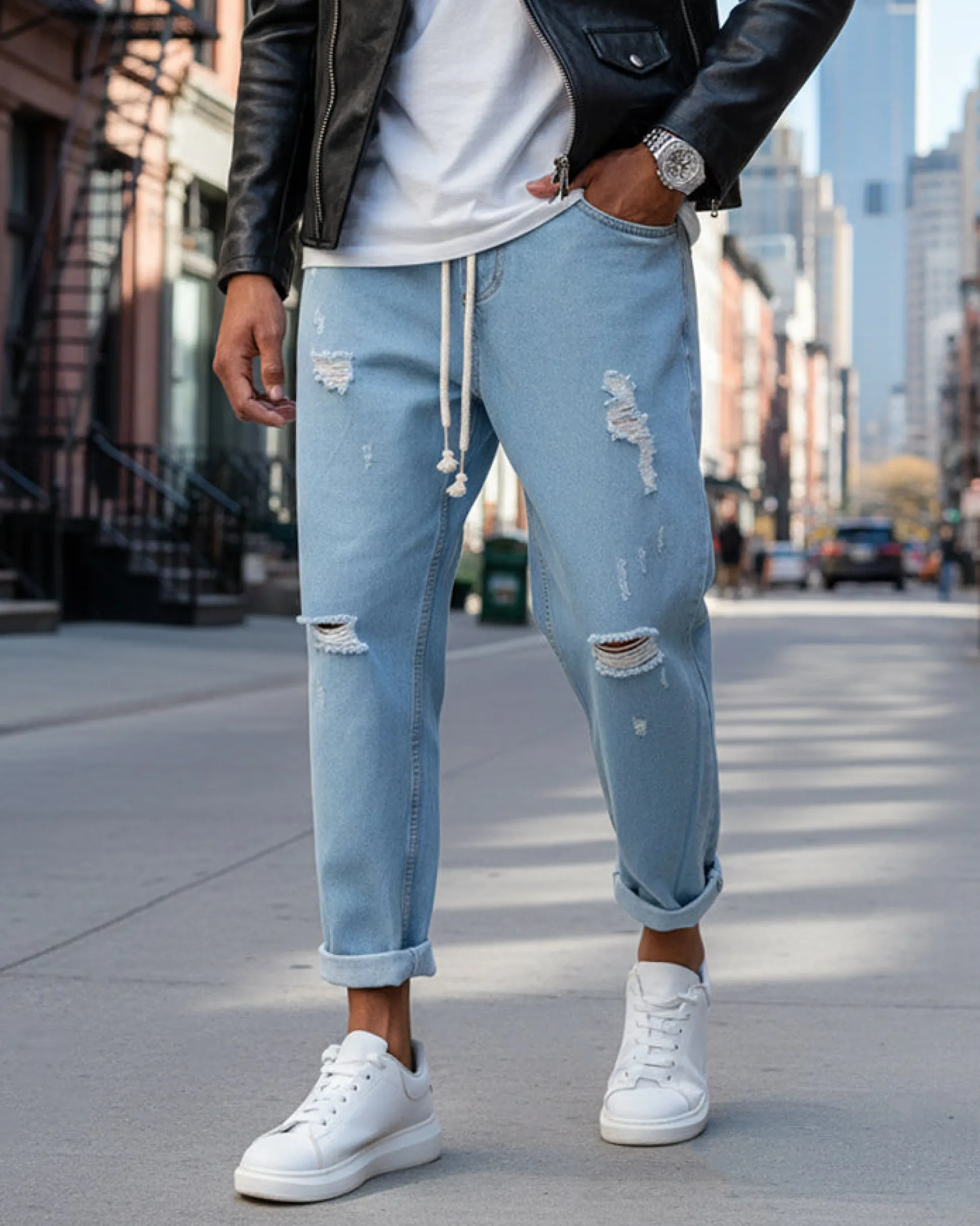 Pantaloni uomo jeans loose fit pantalaccio rotture denim chiaro GIOSAL-P3021A