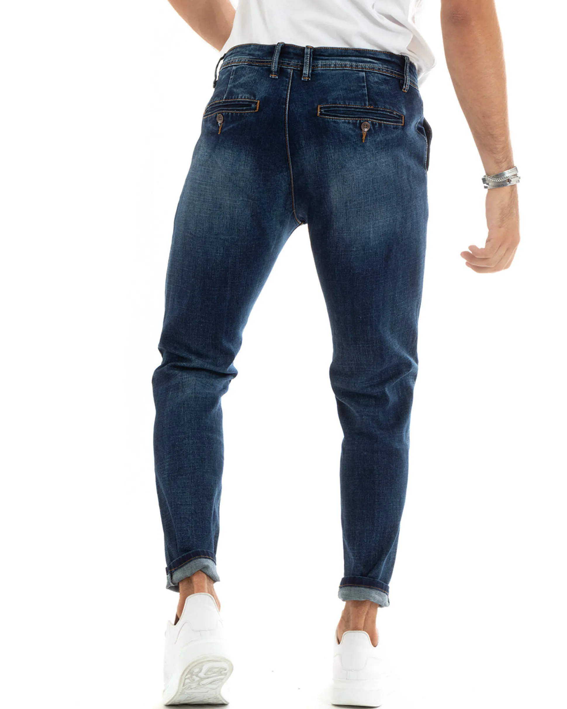 Pantaloni Uomo Jeans Tasche America Slim Fit Denim Blu P5967A