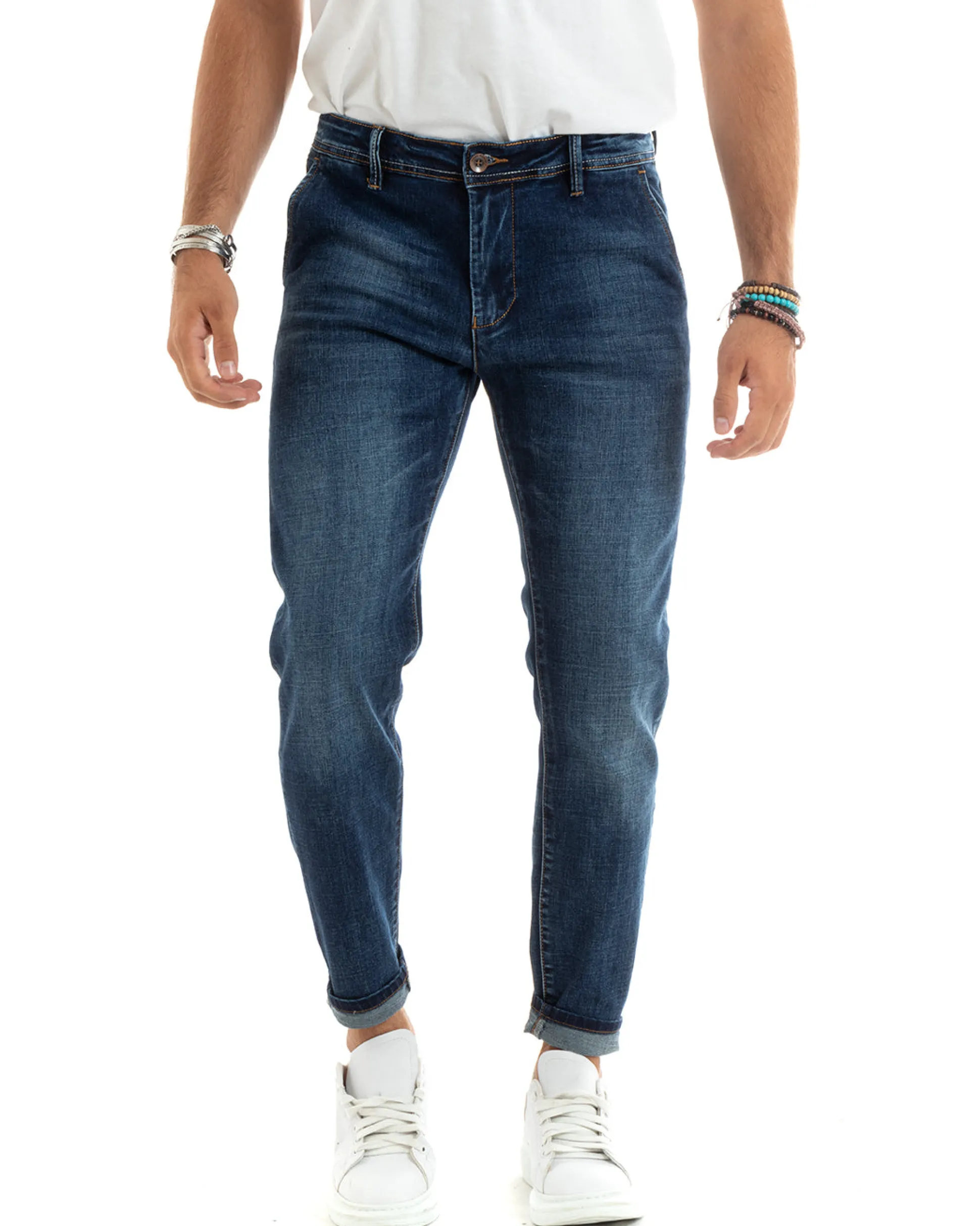Pantaloni Uomo Jeans Tasche America Slim Fit Denim Blu P5967A