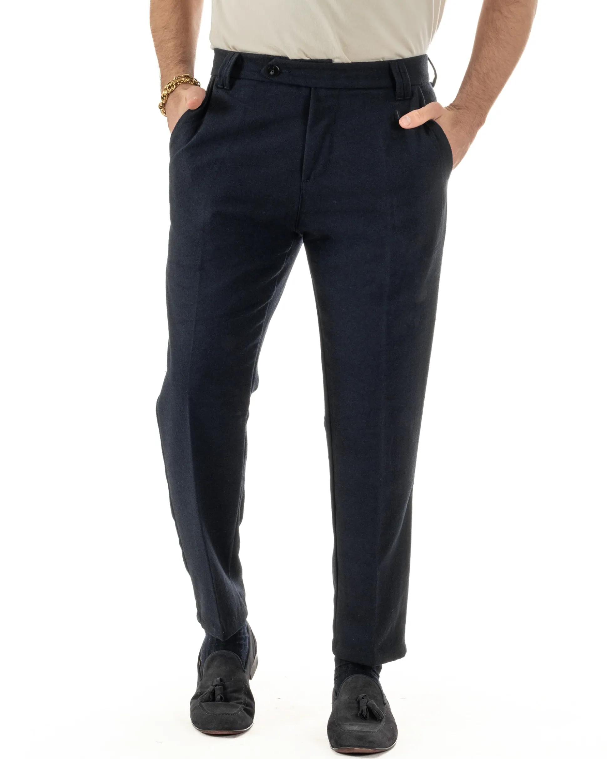 Pantaloni Uomo Lana Abbottonatura Allungata Classico Basic Blu P6437A