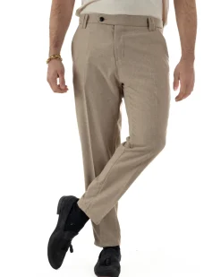 Pantaloni Uomo Lana Abbottonatura Allungata Classico Basic Beige P6433A