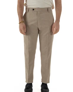 Pantaloni Uomo Lana Abbottonatura Allungata Classico Basic Beige P6433A