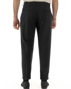Pantaloni Uomo Lana Abbottonatura Allungata Classico Basic Nero P6434A