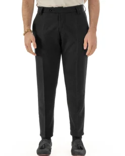 Pantaloni Uomo Lana Abbottonatura Allungata Classico Basic Nero P6434A