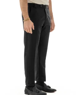 Pantaloni Uomo Lana Abbottonatura Allungata Classico Basic Nero P6434A