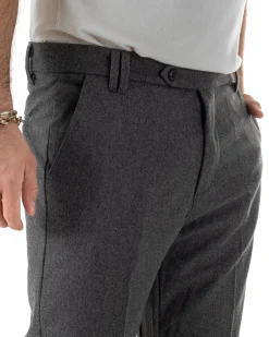 Pantaloni Uomo Lana Abbottonatura Allungata Classico Basic Grigio P6435A
