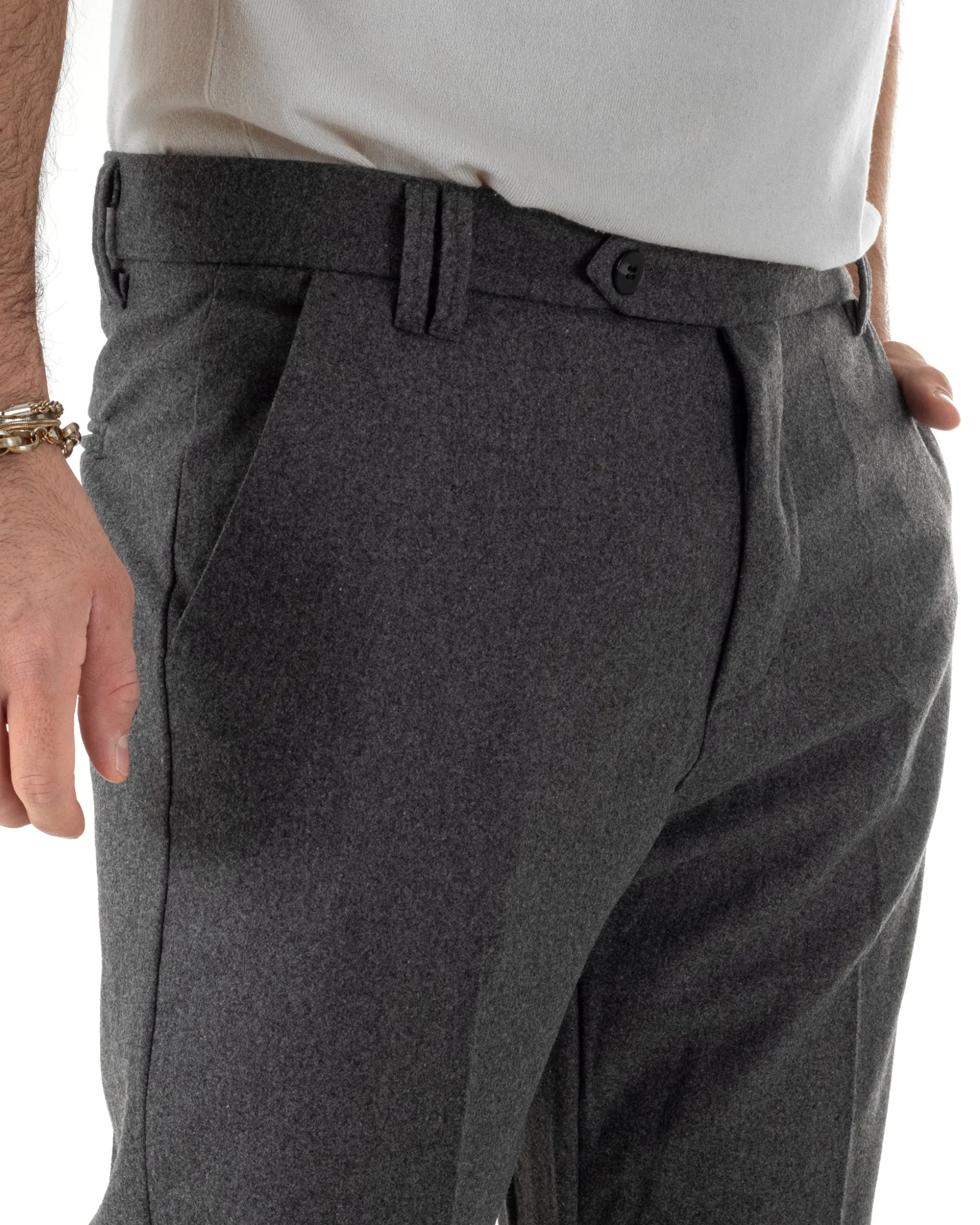 Pantaloni Uomo Lana Abbottonatura Allungata Classico Basic Grigio P6435A