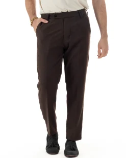 Pantaloni Uomo Lana Abbottonatura Allungata Classico Basic Marrone P6436A